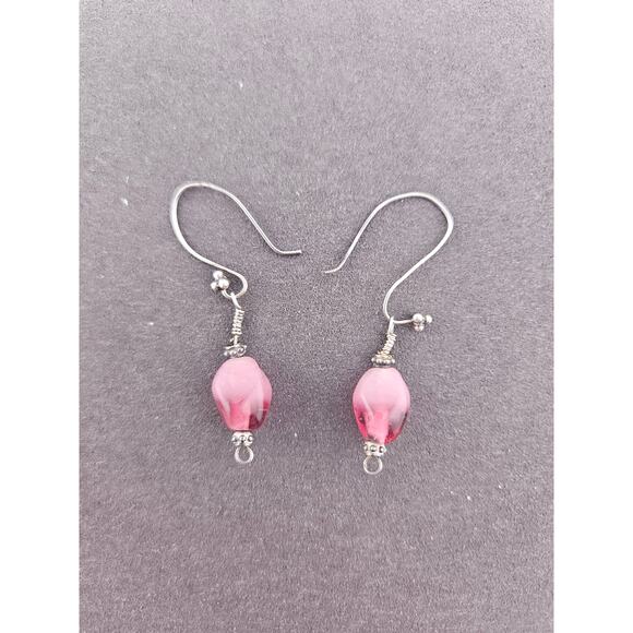 Plum Rise Stone Beaded Dangle Drop Earrings Silver Tone Hook Spring Dainty Basic - Picture 1 of 2
